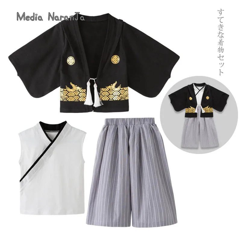 Japanese children kimono boys girls kimono set spring  autumn long sleeved jacket vest pants performance clothing