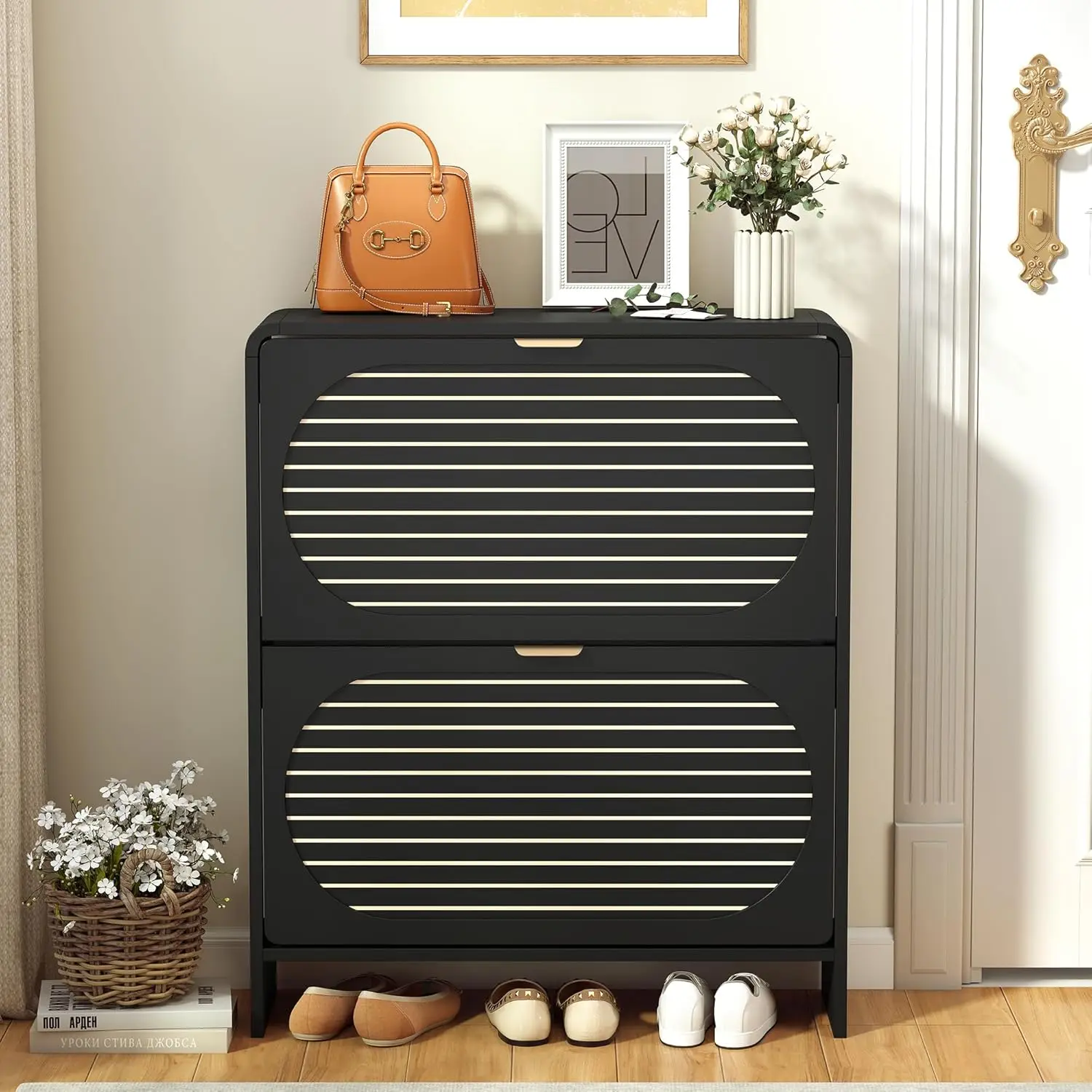 

Curved Narrow Shoe Storage Cabinet 2 Flip Drawers Wood Arched Panel Freestanding Hallway Foyer Black, Customized