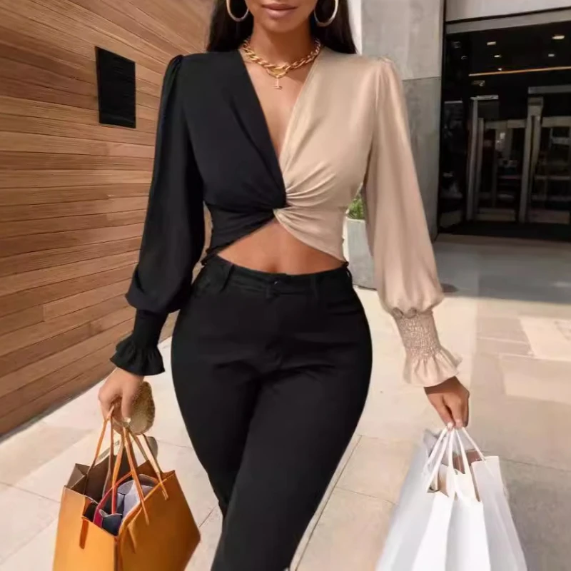 

Women'S Spliced Criss Cross Ruch V-Neck Top Elegant Petal Sleeve Shirt Irregular Slim Blouse T Shirt Autumn Spring Commuter