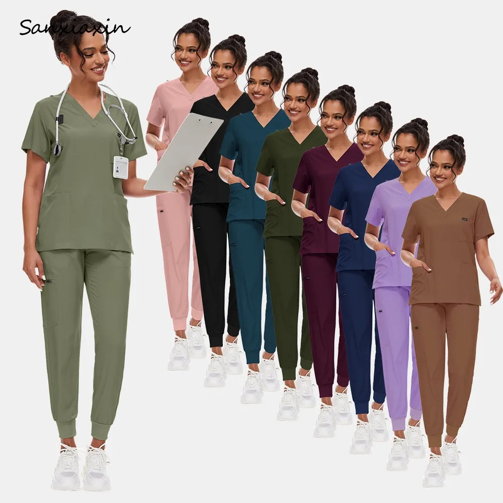 

Women Workwear Beauty Salon Spa Clothes Surgery Suits Pet Grooming Institution Uniform Scrub Set V-neck Tops Jogger Pant Uniform