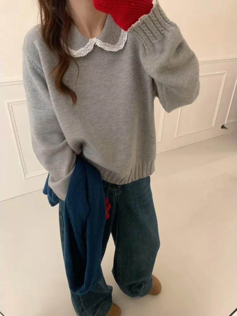 

Корейский Sle Baby Doll с воротником на пуговицах, мягкий длинный вязаный открытый кардиган све, женский осенний новый ленивый повседневный свитер