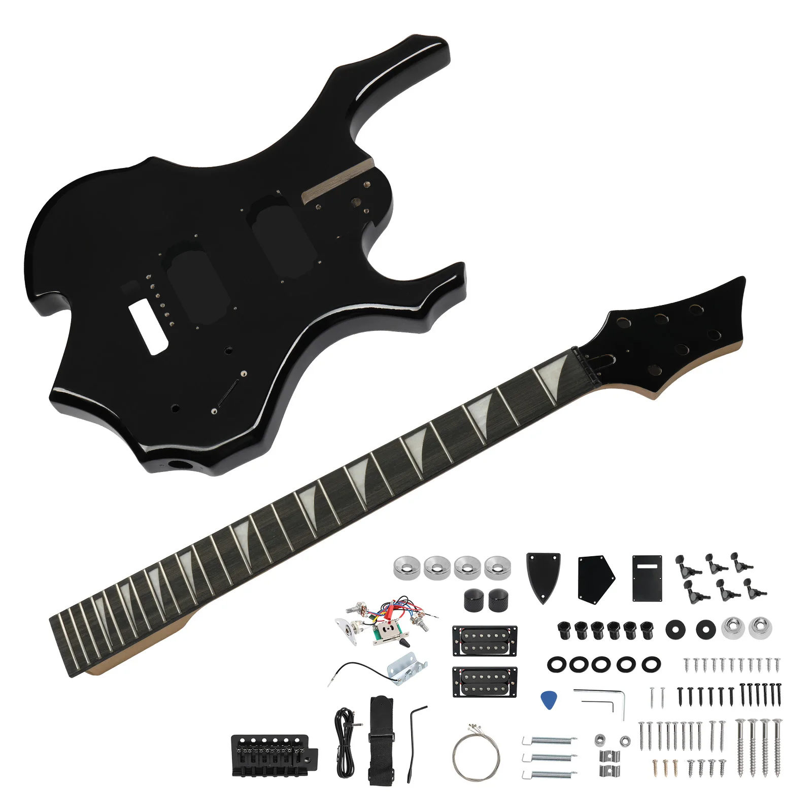 

DIY 6 String Flame Shaped Style HSH Electric Guitar Kits with Mahogany Body, Maple Neck and Accessories Black