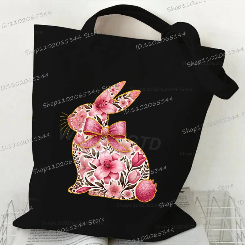 Canvas Tote Bags For Women Floral Bunny Cute Watercolor Animal Handbags Cartoon Bunny Shopping Bags Funny Student Shoulder Bag