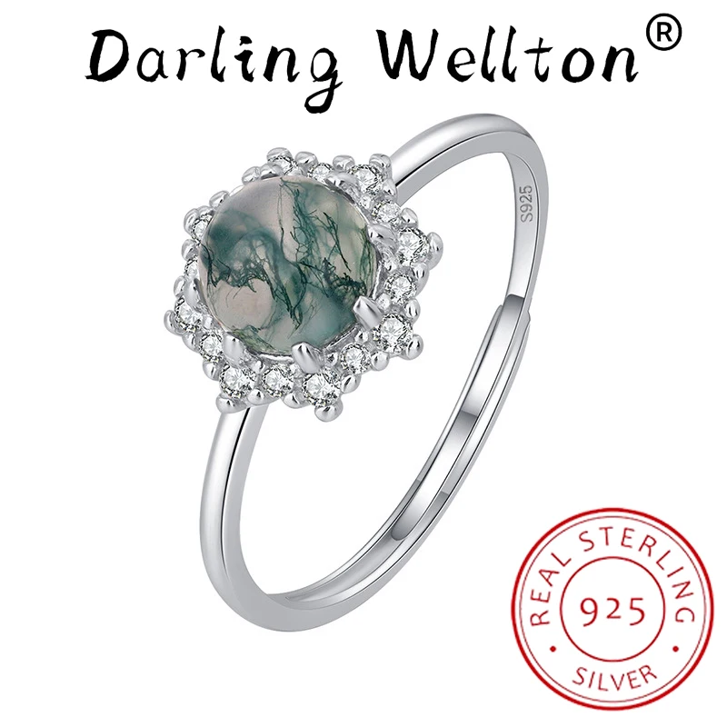 

Luxurious Natural Stone Texture Different Green Moss Grass Agate Vouple Flower Ring For Women Sterling S925 Silver Gift Jewelry