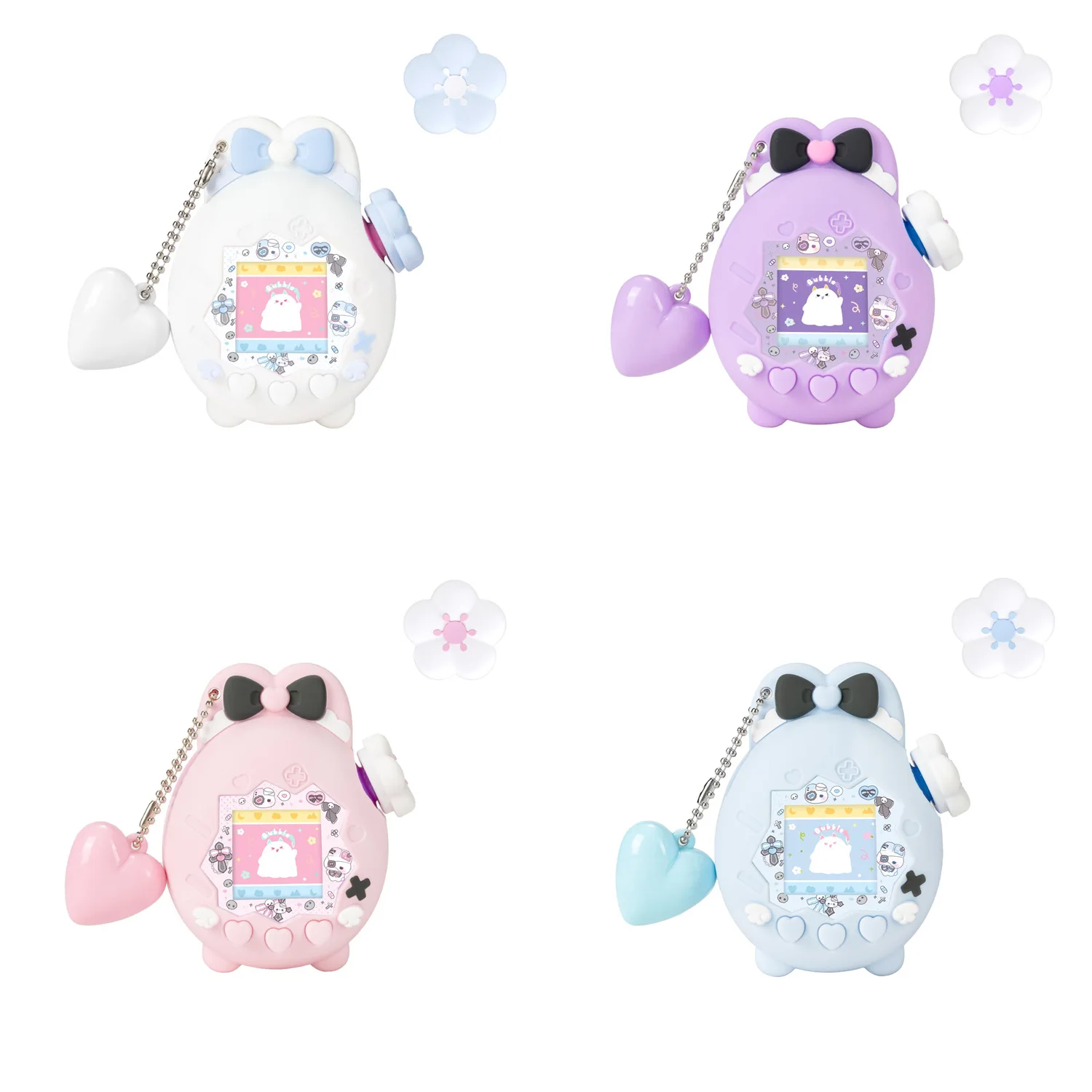 Jirai Kei Bunny Silicone Case for Tamagotchi Paradise – 4-in-1 Set with Holographic Faceplate, Flower Dial Cap & Heart Charm