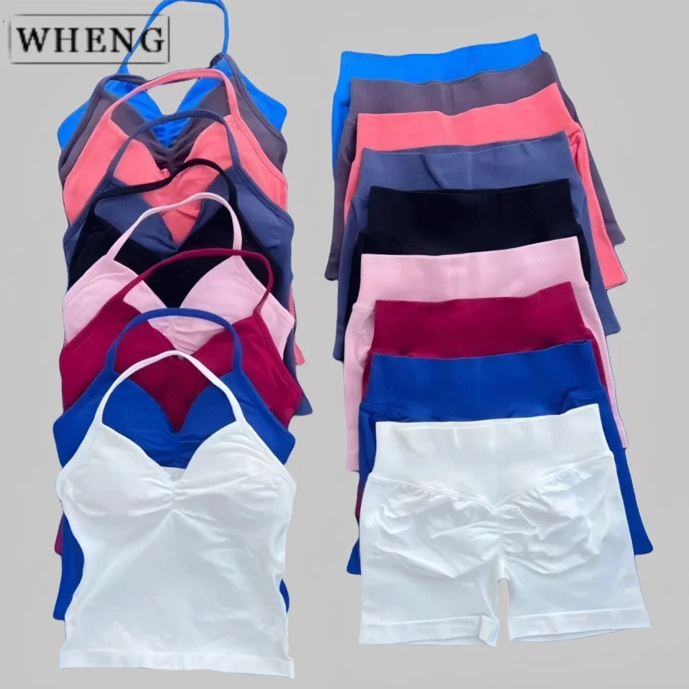 

WHENG 2 PCS Yoga Set Seamless Impact Longline Lace-Up Tank Top Scratch Sports Shorts Fitness Wear Women's Summer Workout Wear
