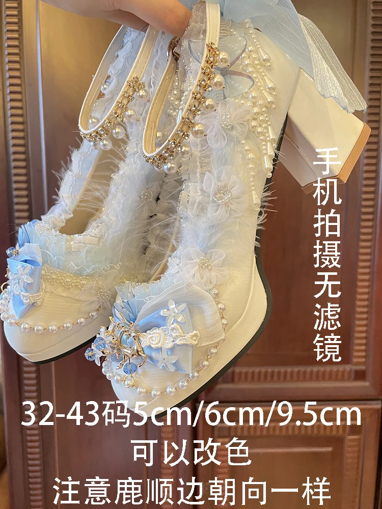 Retro French Style Lolita Elegant Flower Wedding Cosplay Girl Shoes Pointed Lace Flower Bow Gemstone 5-6cm High Heel Shoes