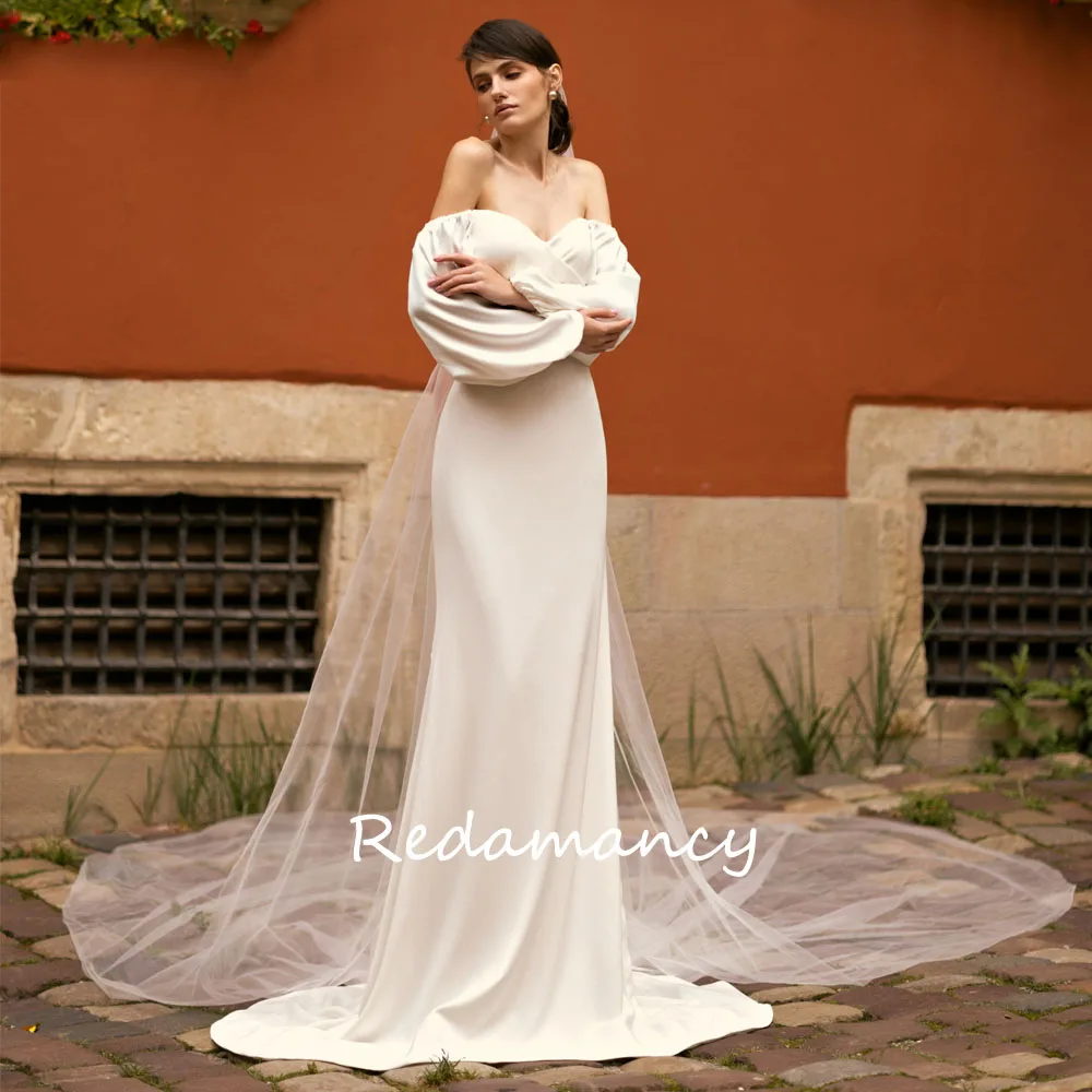 

Redamancy Elegant Wedding Dress Women Satin Mermaid Zipper Back Pleat Boat Neck Bridal Gowns Tulle Sweep Train Vestidos De Novi