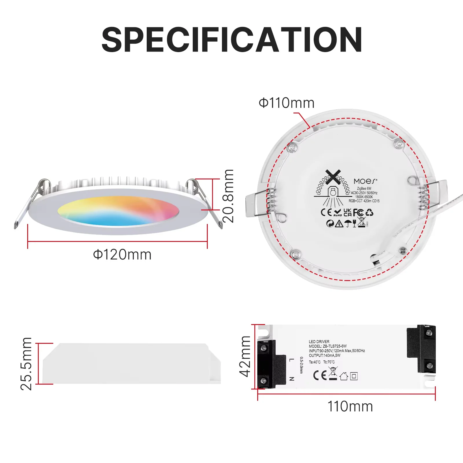 MOES ZigBee Downlight Tuya Ultra Thin Tube Lamp Spot Lamp 6W RGB Change Warm Cool Light Work With Alexa Google Home Smart Life - view 6