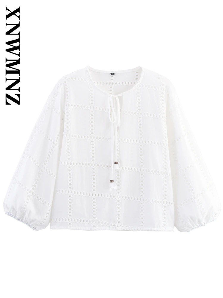 

XNWMNZ 2025 Spring Women Clothing Casual Chic O-Collar Short Shirt Simple Fashion Woman's White embroidery Long Sleeve Top Tie