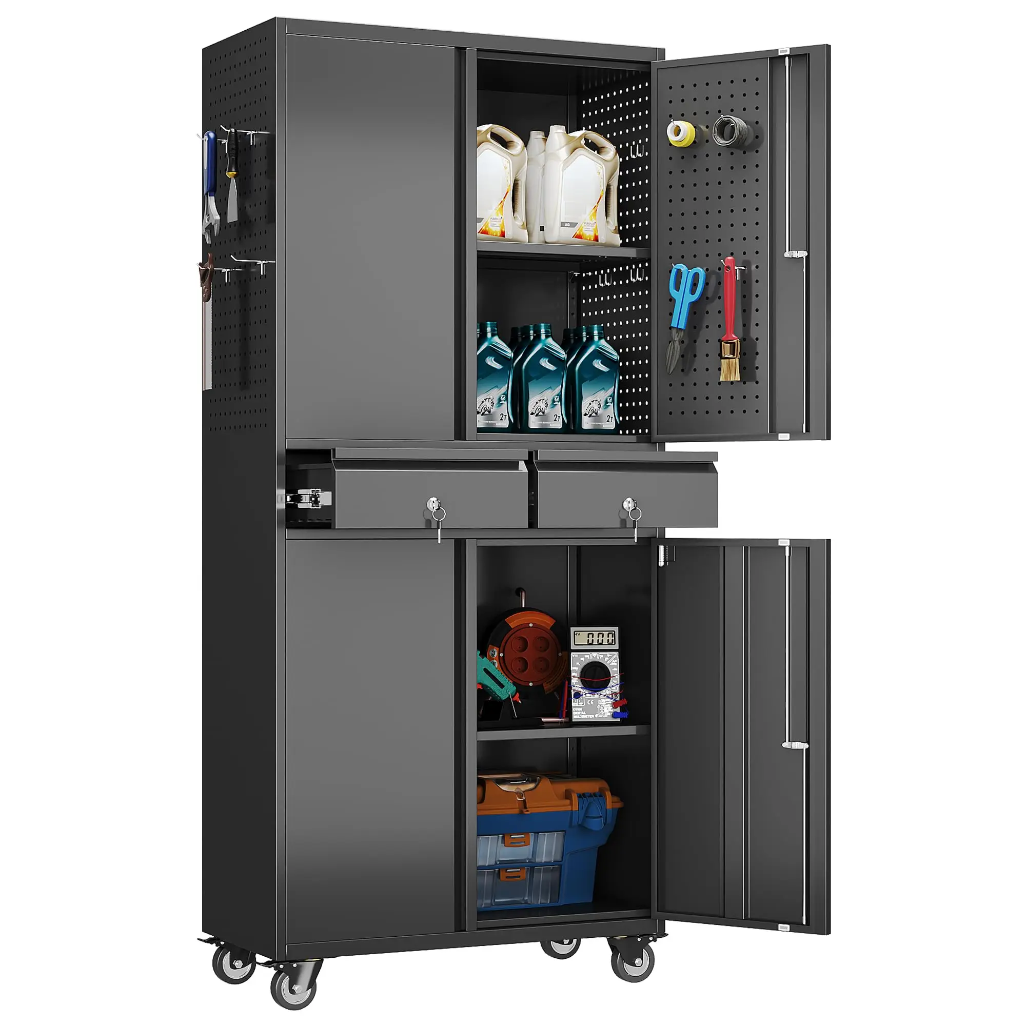 71-Inch Garage Storage Cabinet with 2 Drawers, Pegboard and Wheels