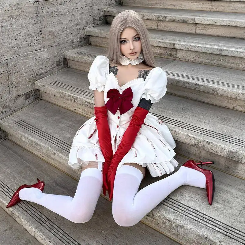 

Gothic k Sle White Dr loween Medieval Ghost Doll Pure White Dr Mystery Aosphere Cosplay Stage Costume