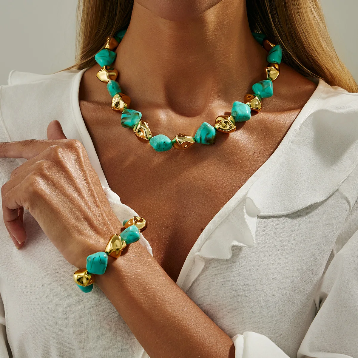Jewelry Personalized Retro Smudge Color Resin Necklace Bracelet Combination Fashion Geometric CCB Item Jewelry