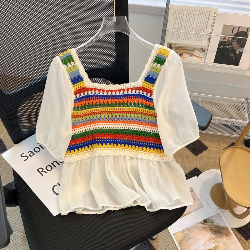 Rainbow Striped Crochet Knit Top for Women Square Neck Chiffon Half Sleeve Blouse Fairycore Cottagecore Spring Summer Outfit