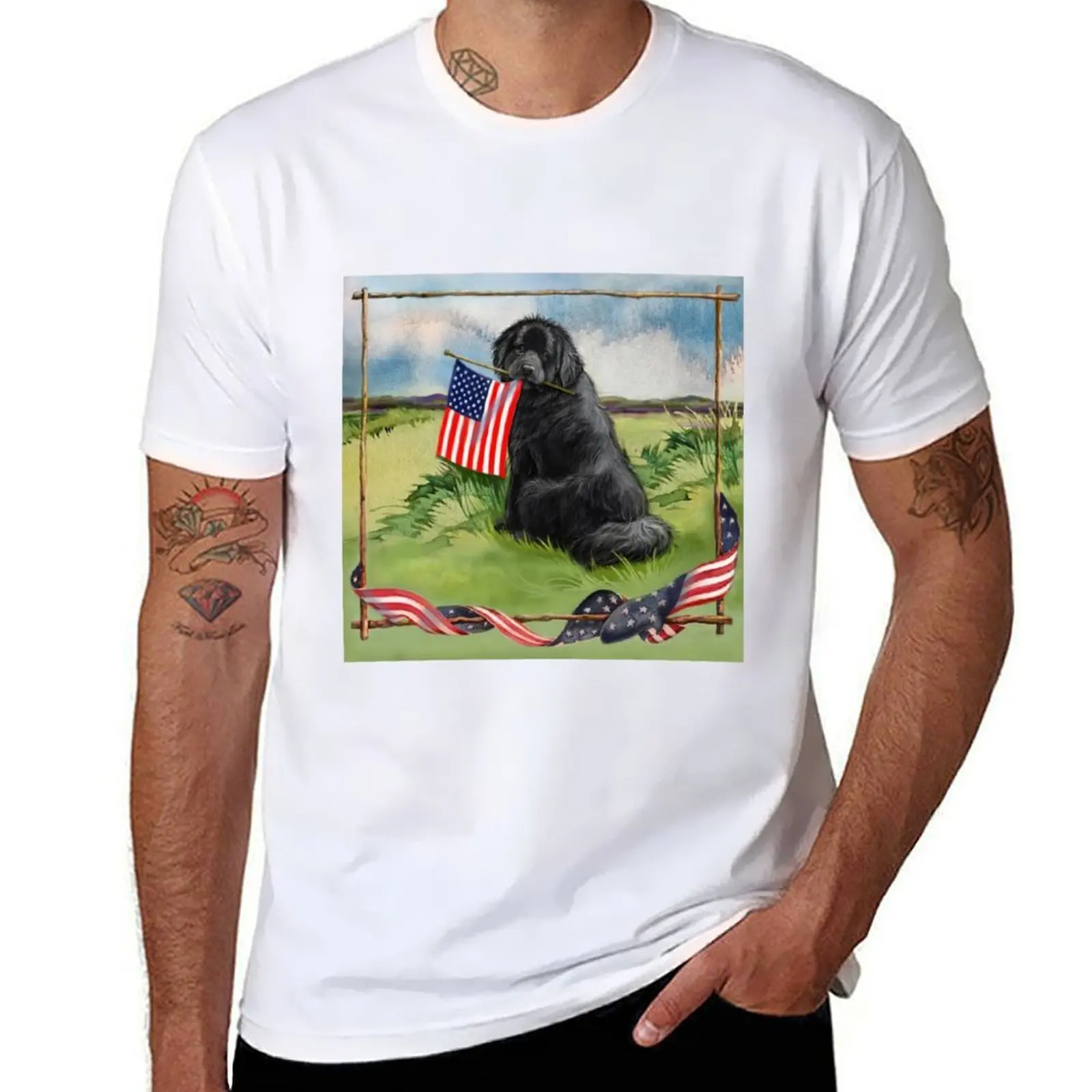 

Newfie and American Flag T-Shirt cotton t shirts man 100% men t shirt cotton 100% T-Shirt