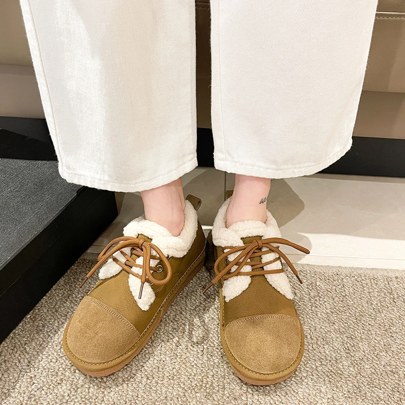 Fashion khaki Winter Shoes Women Low-cut Plush Flat Shoes for Women Non-slip Outdoor Female Cotton Shoes Cozy Fur Ladies Loafers