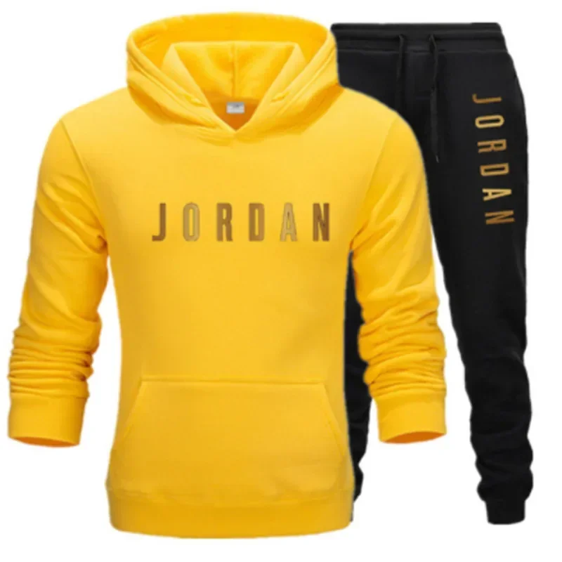 New Men's Gold Jordan Letter Print Sportswear Set, Casual Street-Style Running Outfit, Hooded Tracksuit view 2
