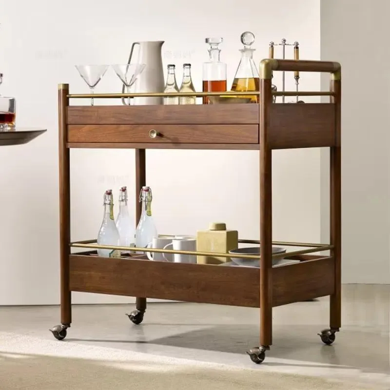 Solid Wood Dining Cart Mobile Beverage Trolley for Hotel Restaurant Villa Living Room Bedroom Storage Rack