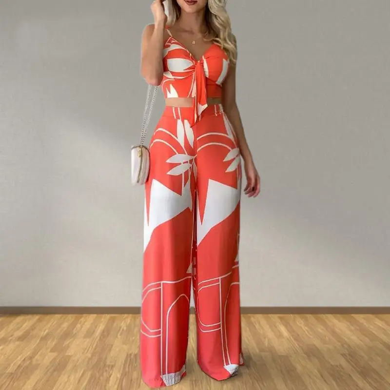 Summer Women Tropical Print Spaghetti Strap Casual Lace up Back Top &High Waist Pants Set 2 Pieces Suit Sets 2025 Woman Clothing