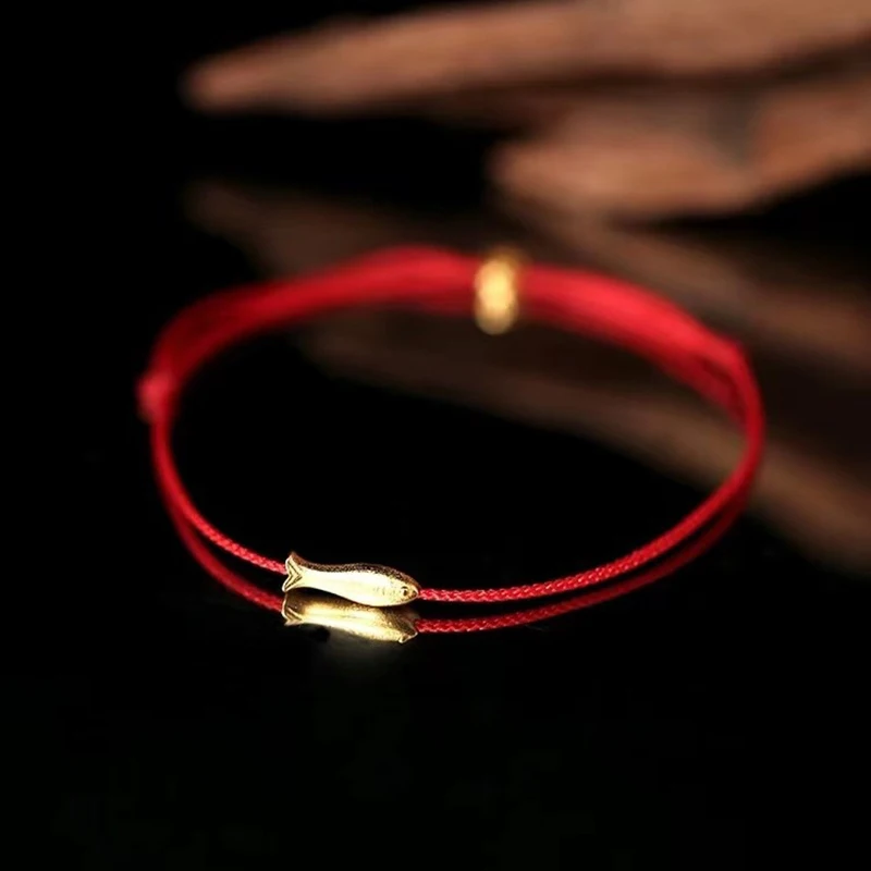 Real 925 Sterling Silver Golden Little Fish Animal Charm Bracelet For Women Cute Fine Jewelry Thin Red Rope Accessories