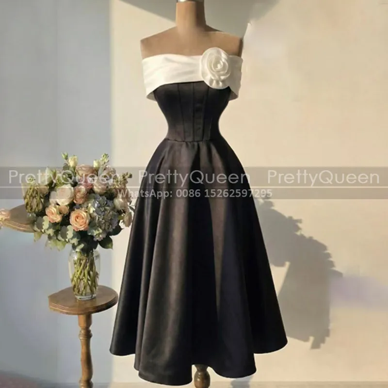 

Modest Tea Length Evening Dress Flower Off Shoulder A Line Customized Long Prom Dresses Party For Women