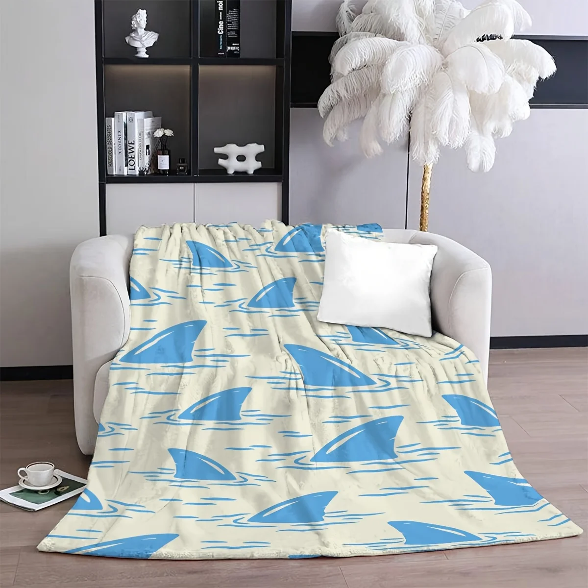 Coastal Style Blue Shark Fin Print Flannel Fleece Blanket, Animal Theme, All Seasons, Polyester, Digital Print, Knit Fabric