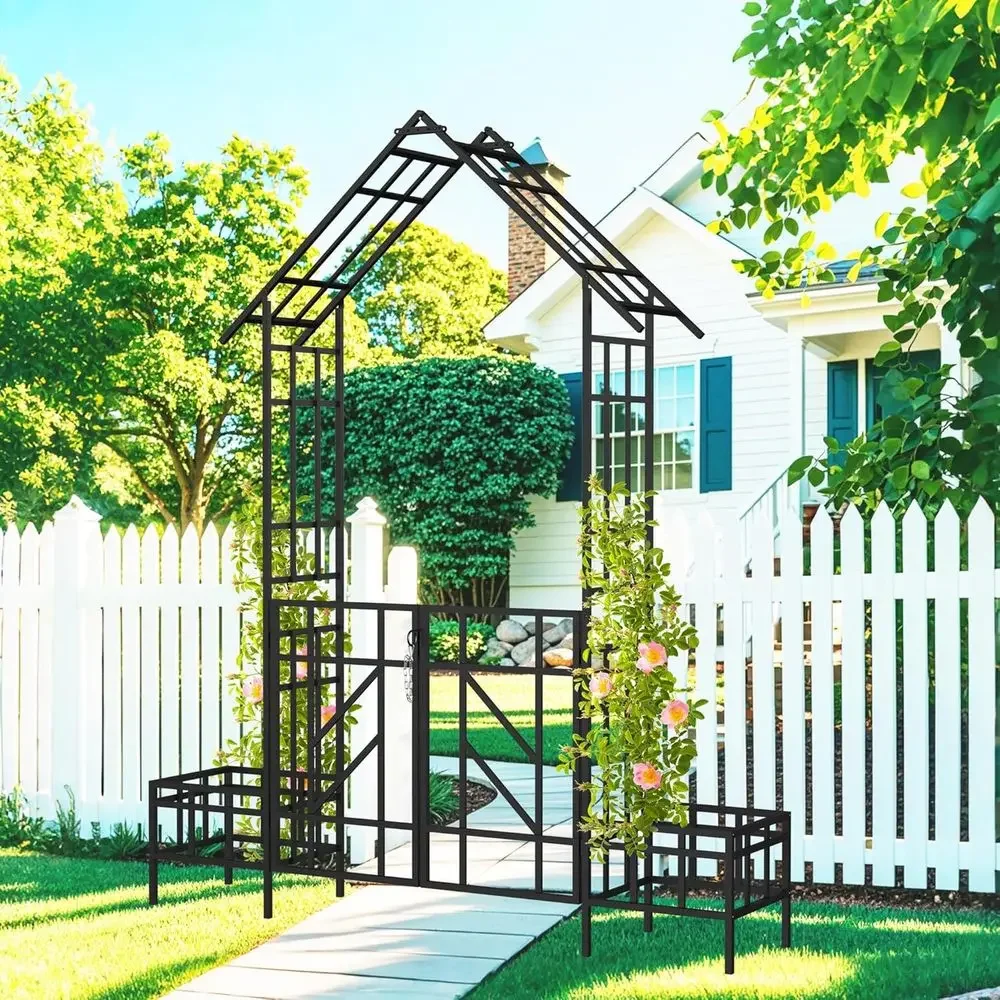 97 Tall Black Metal Garden Arbor Arch with Gate and Planter, Outdoor Climbing Plants Support for Weddings and Parties