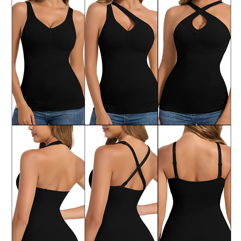 Women's Sexy Halter Neck Shapewear Tummy Control Sleeveless Camisole Bulit-in Bra Sexy Body Shaper Push Up Tank Top Outwear