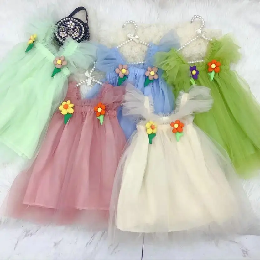 

Girl Summer New 3D Flower Dress Children Sleeveless Dress Baby 5 Colour Mesh Holiday Dress Kids Party Dress 2-8 Years Wz1122