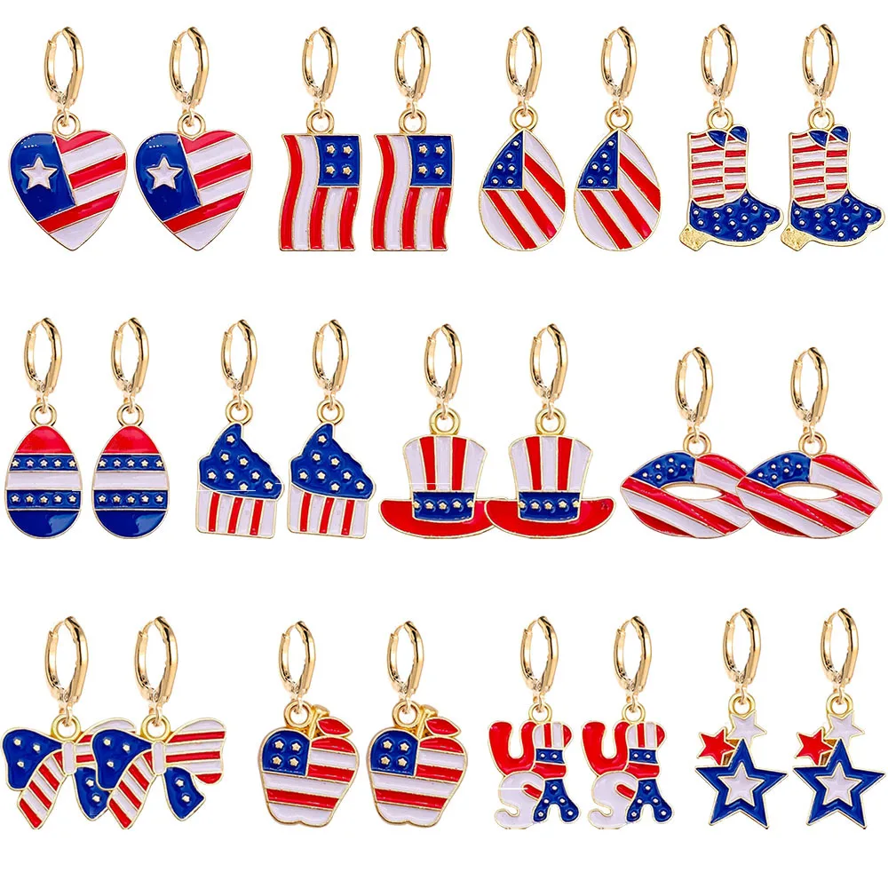 Independence Day Earrings, American Flag Pentagram Peach Heart Alloy Pendant Earrings for Women and Girls 4th of July Patriotic