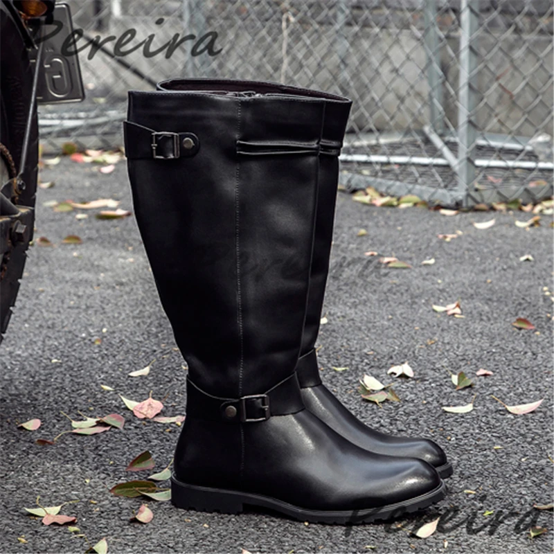Autumn Winter Retro Knee High Boots for Men British Style Leather Belt Buckle Zipper Knight Boots Outdoor Men's Shoes Plus Size