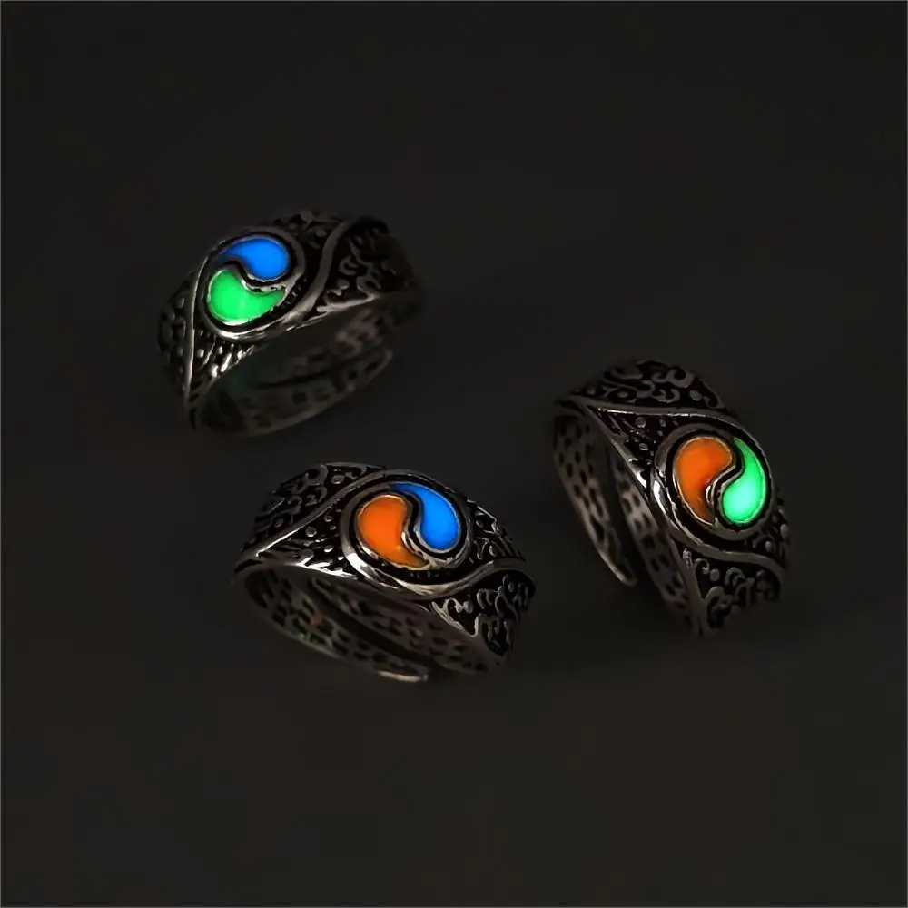 Adjustable Gothic Punk Noctilucent Tai Chi Rings Vintage Luminous Glow In the Dark yin-yang Ring for Men Women Halloween Party