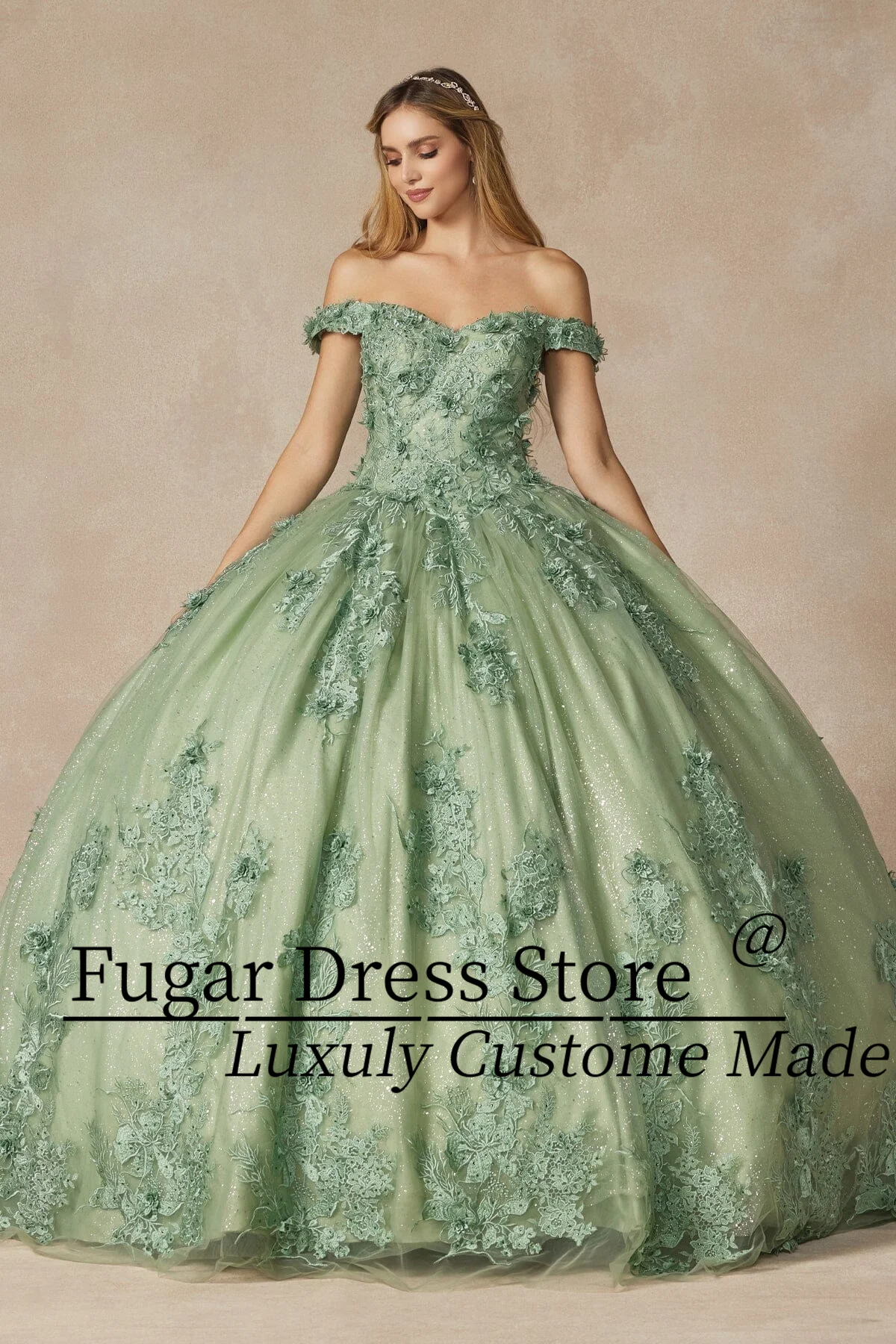 Fashion Sage Green Princess Ball Gowns Quinceanera Dresses Luxuly Flower decal long shoulder exposed flashVestidos De XV Anos