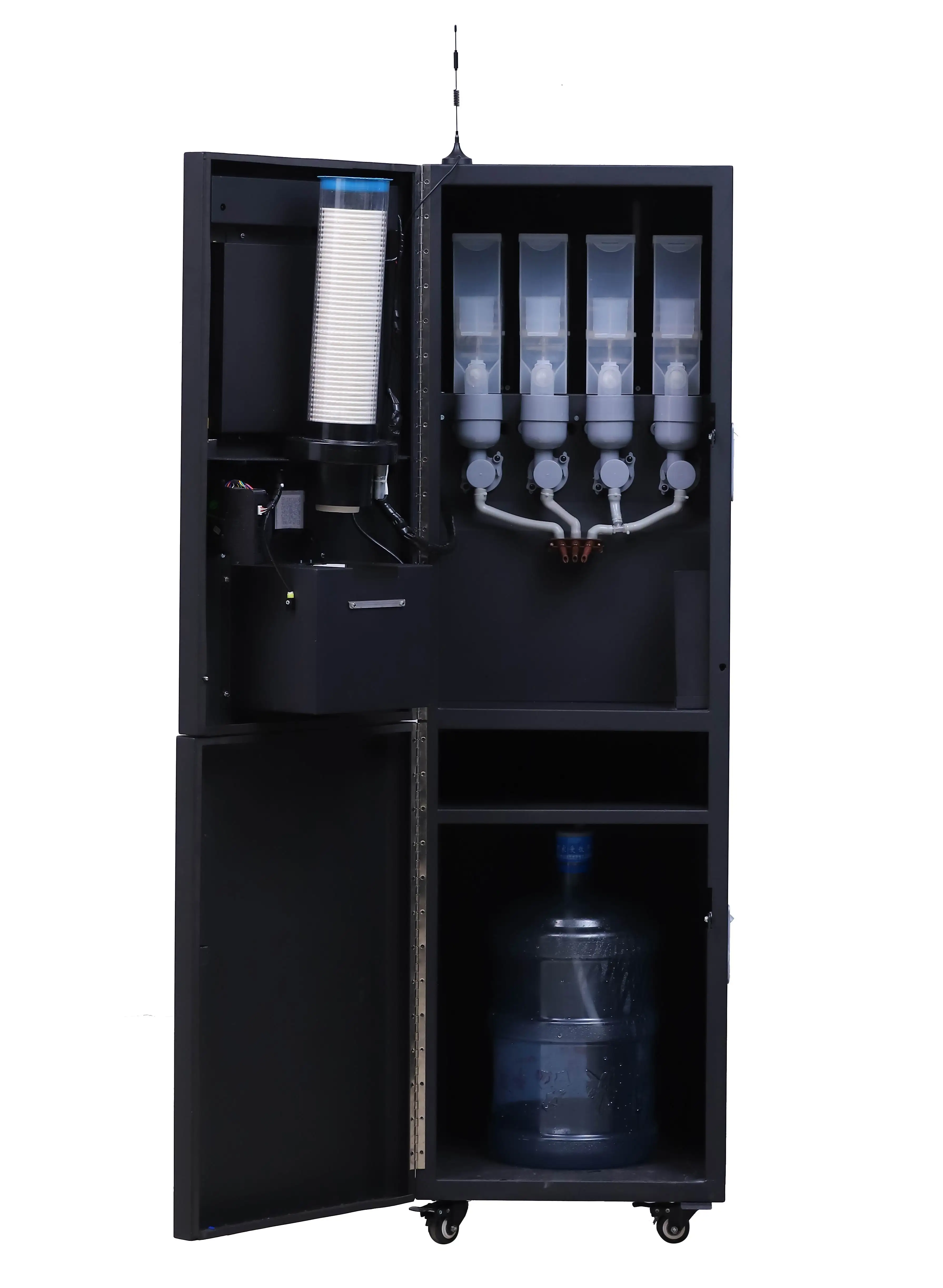 40ST (2+2) Factory Hot Ice Coffee Machine Commercial Vertical Type Instant Coin Coffee Vending Machine LED Light Box Advertising