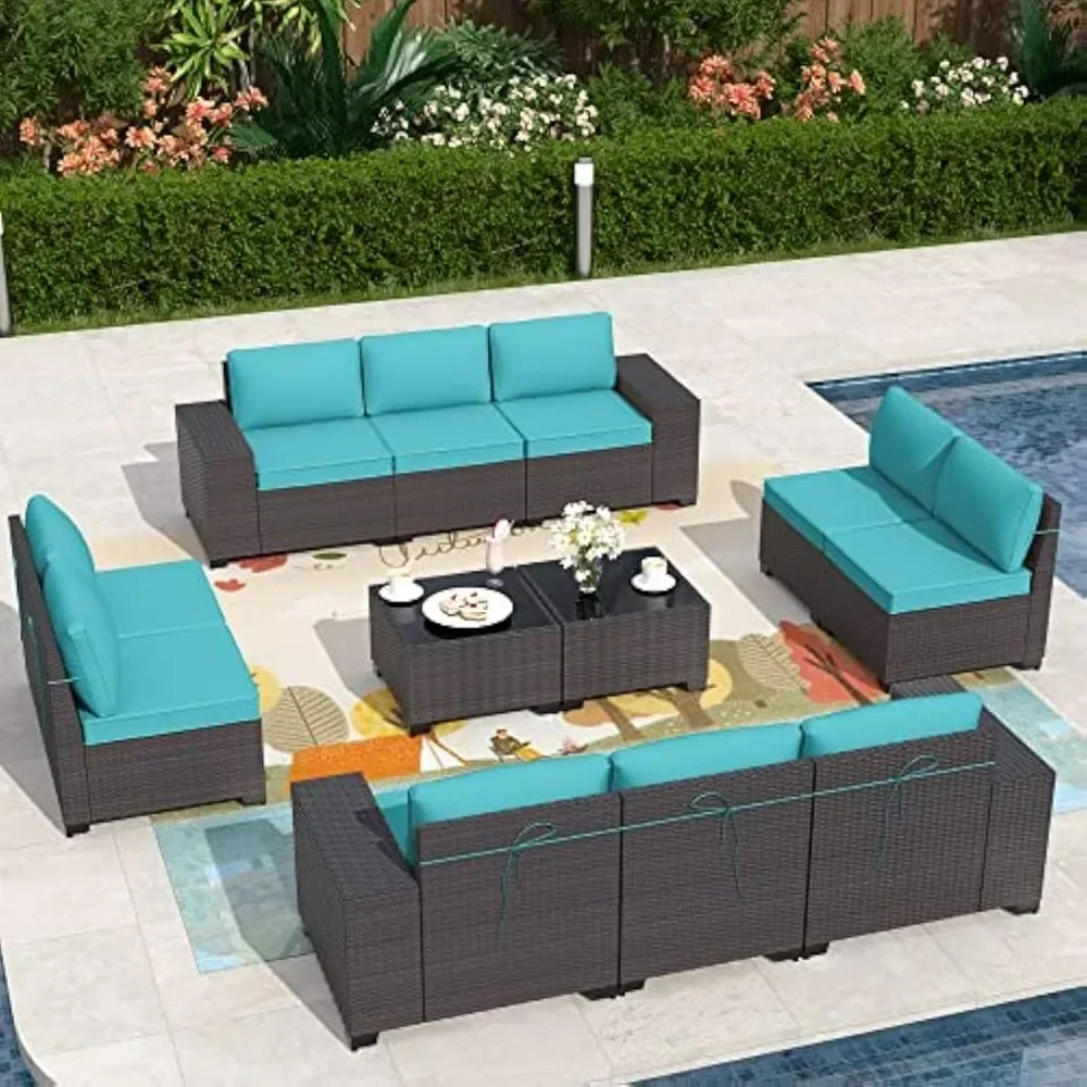 

12 Pieces Outdoor Patio Furniture Set, PE Rattan Patio Conversation Set w/10 Turquoise Blue Seat Cushions and 2 Coffee Tables