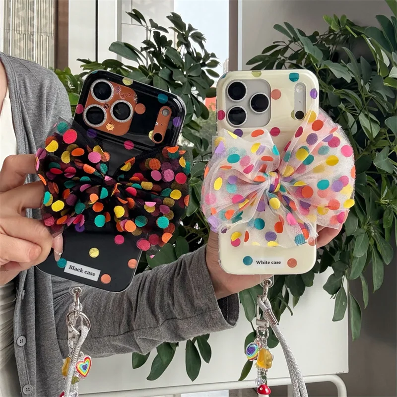 

New 2026 Shockproof Phone Case For iPhone 15 16 17 Pro Max Colorful Polka Dot Print With Tulle Bow Pop Socket Large Window Cover