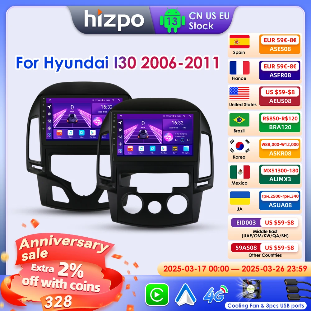 Hizpo Android Auto Radio For Hyundai I30 AT MT 2006 - 2011 4G Car Multimedia Player GPS 2din Autoradio AI Voice Wireless CarPlay