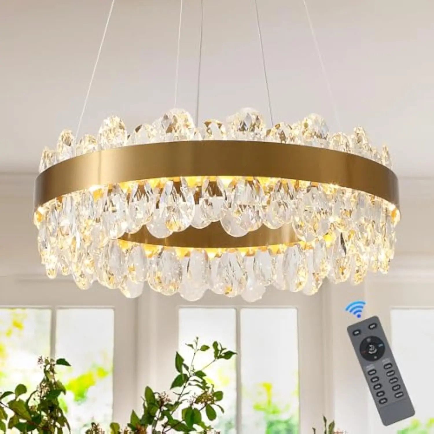 

Gold Crystal Chandelier Modern Led Chandeliers 19'' Round Led Pendant Light Fixture Dimmable Flush Mount Chandelier for Dining