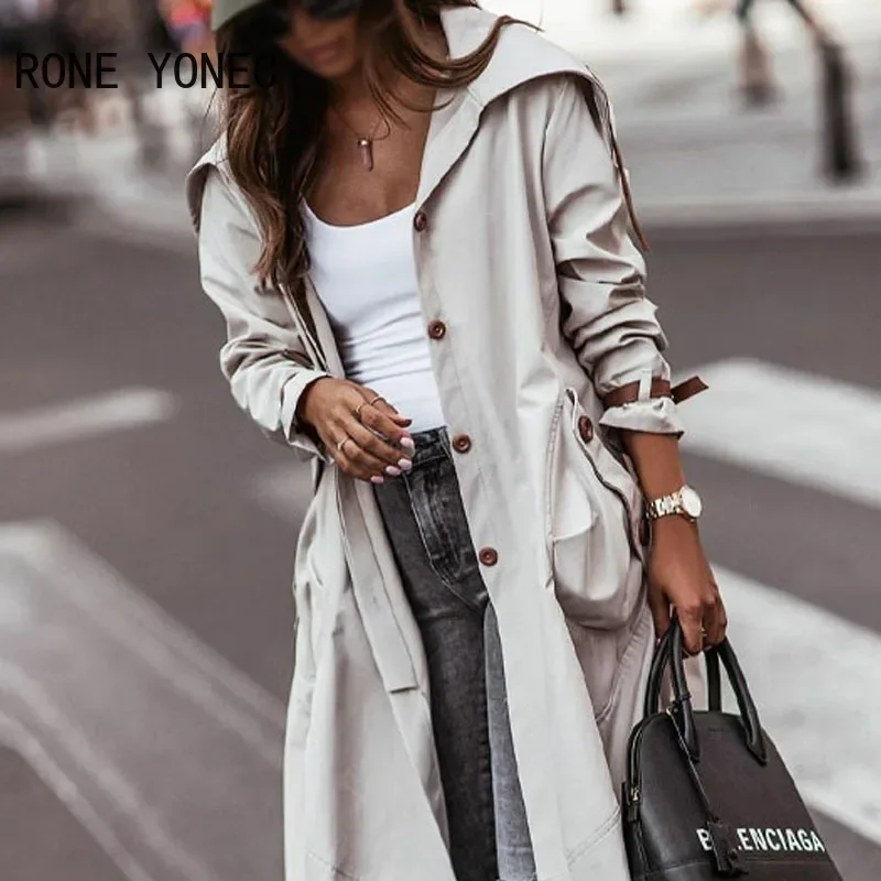 Women Casual Solid Single Breasted Pocket Design Belted Hem Trench Coat Jacket