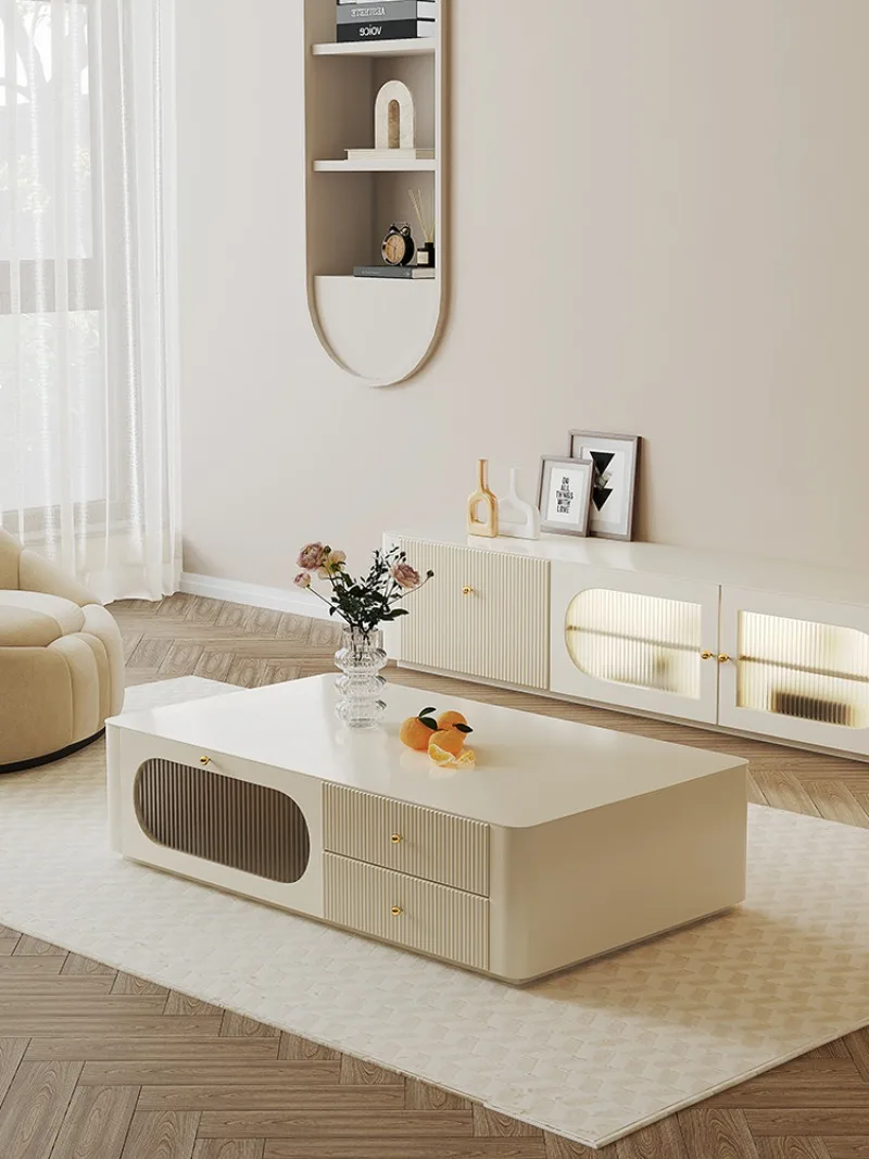 طاولة قهوة تلفزيون كريمية الرياح مزيج بسيط وحديث من الخشب الصلب الفرنسي والحليب الأبيض وخزانة تلفزيون على الأرض #4