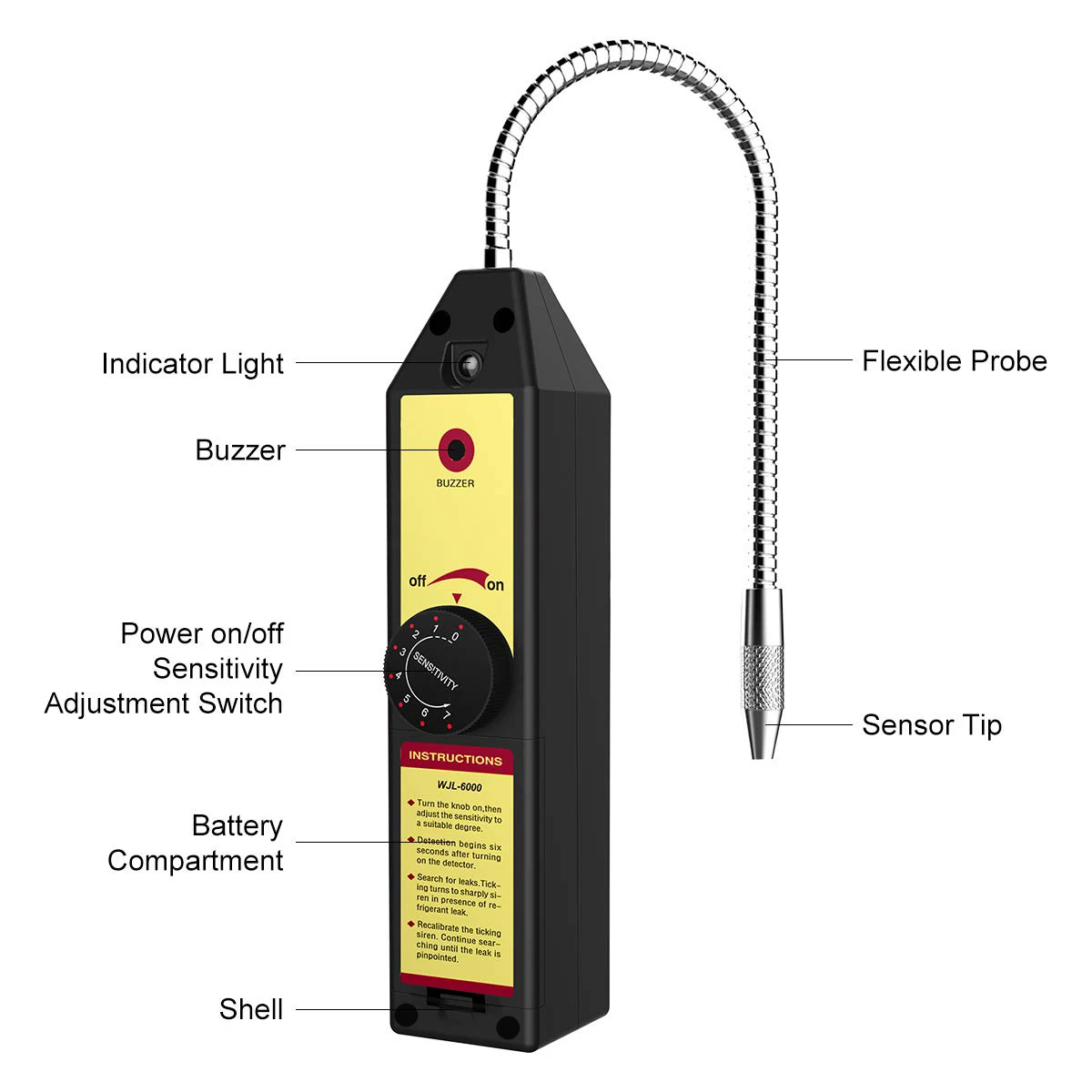 WJL-6000 Freon Leak Detector Halogen Leak Detector Refrigerant Gas HVAC Air Conditioner R22 R410A R134A R1234YF CFCs HCFCs HFCs