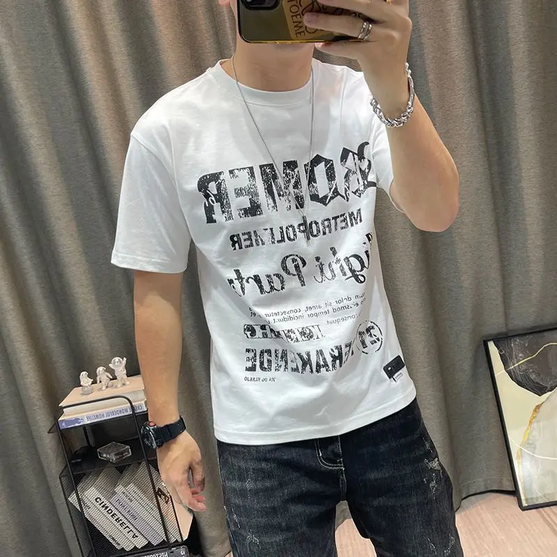 Fashion O-Neck Short Sleeve Printed Letter T-Shirt Men\'s Clothing 2023 Summer New Oversized Casual Pullovers Korean Tee Shirt