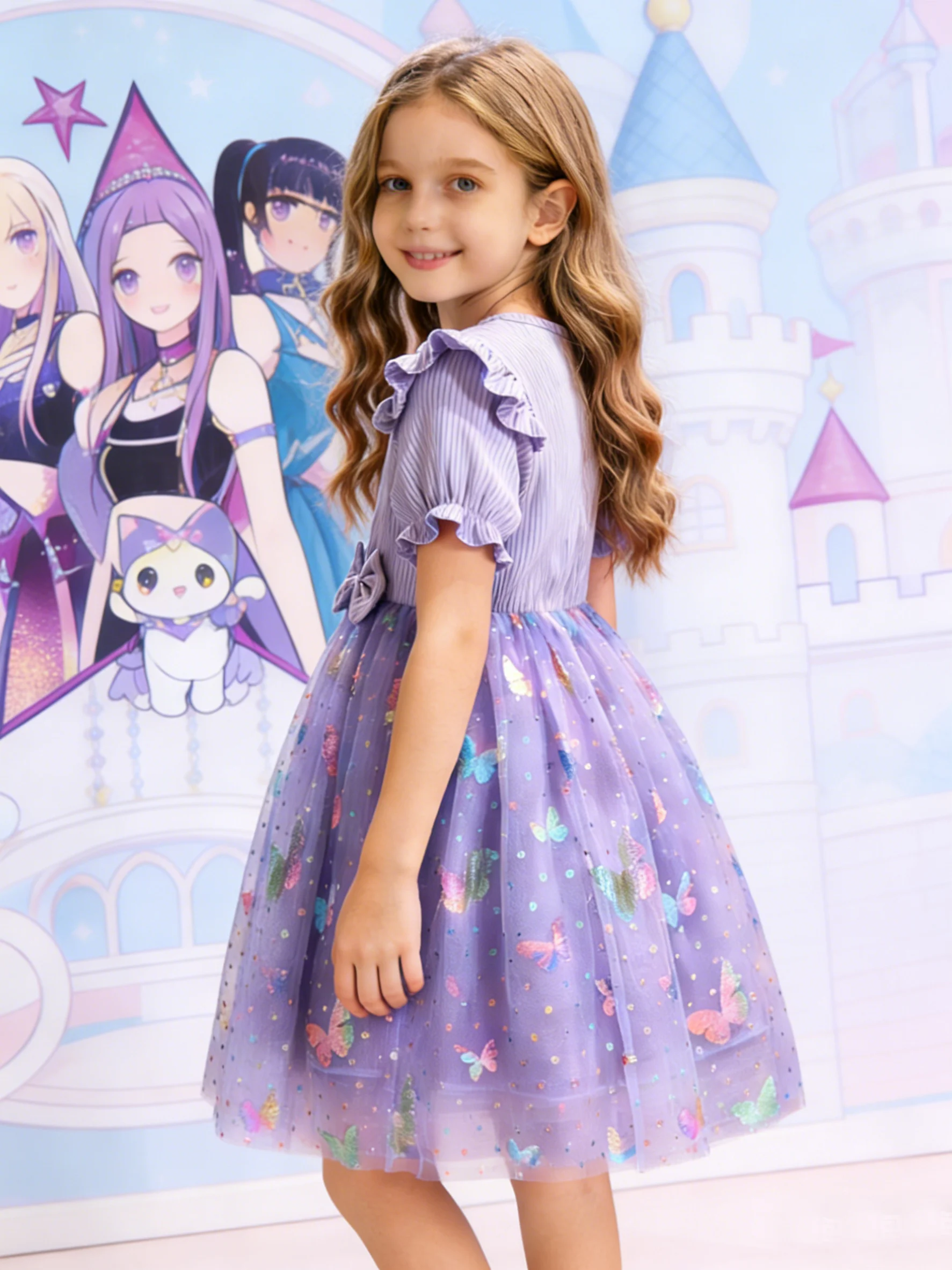 Girl group-style cartoon butterfly princess dress; a dress for girls blending sweet and cool vibes; featuring a cartoon idol-sty