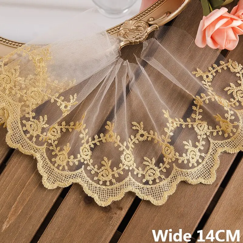 14CM Wide Luxury Tulle Golden Embroidery Fringe Ribbon Mesh Lace Fabric Applique Dress Guipure DIY Wedinng Bags Sewing Supplies