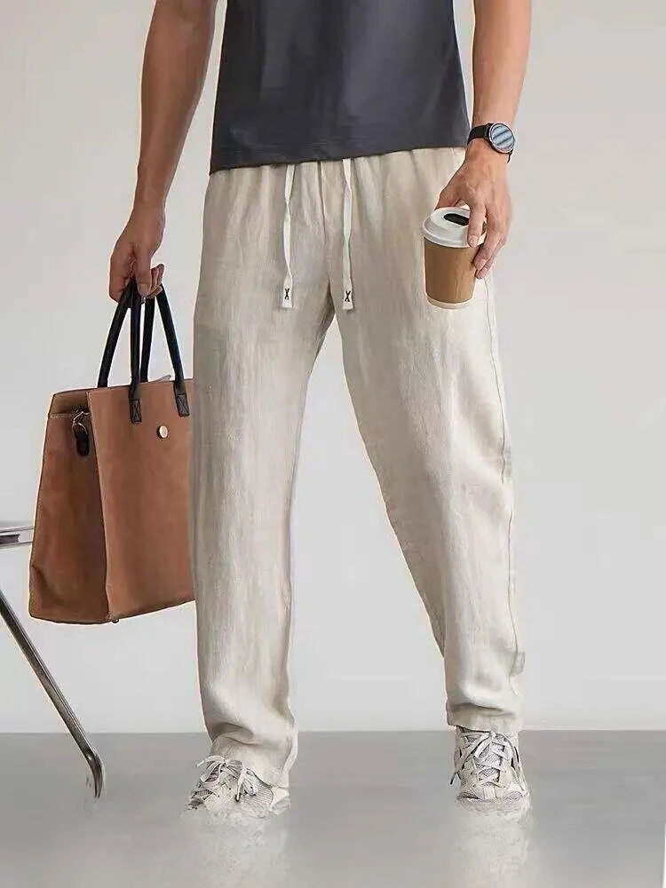 Natural Linen Men's Casual Pants Elastic Waist Washed Comfortable Dry Straight Leg Trousers for Commuting And Casual Wear