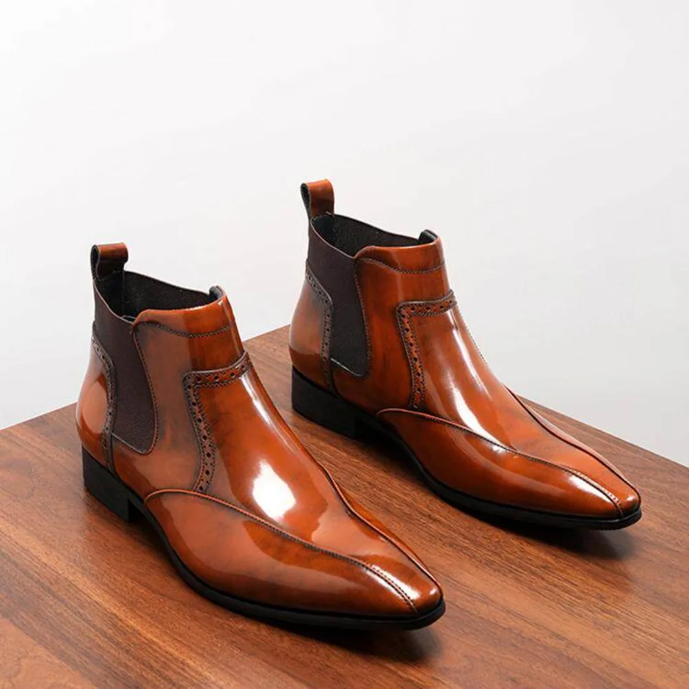 2026 high quality Glossy Genuine Full Grain Leather Boots Men British Style Casual Pointed Toe High Top Short Leather Boots