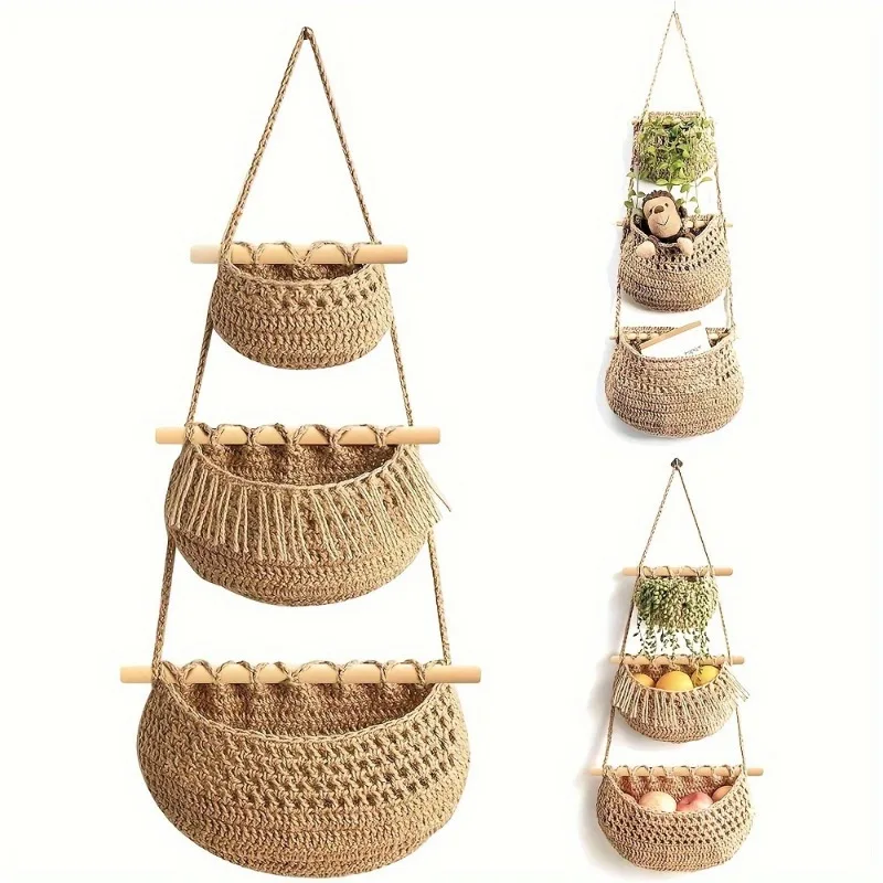 Boho Chic 3-Tier Wall Hanging Storage Basket - Handwoven Rope Organizer for Fruits, Vegetables & More - Easy Install