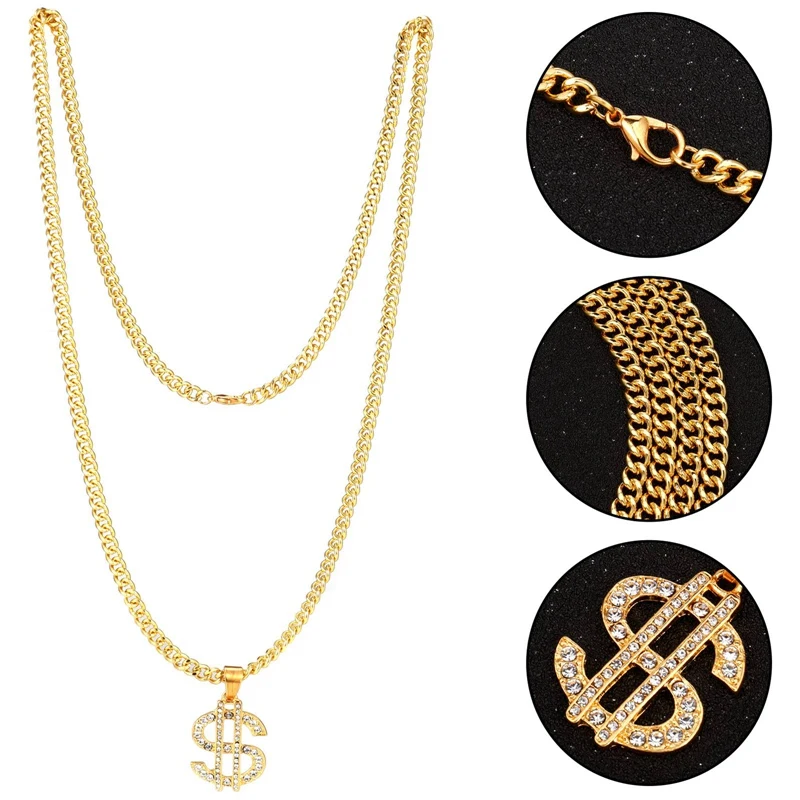 Emmer Muts Met Bril Gouden Kleur Ketting Ring En Rapper Gouden Ketting Hiphop Kostuum Kit 80S 90S Accessoires Feest Dress Up