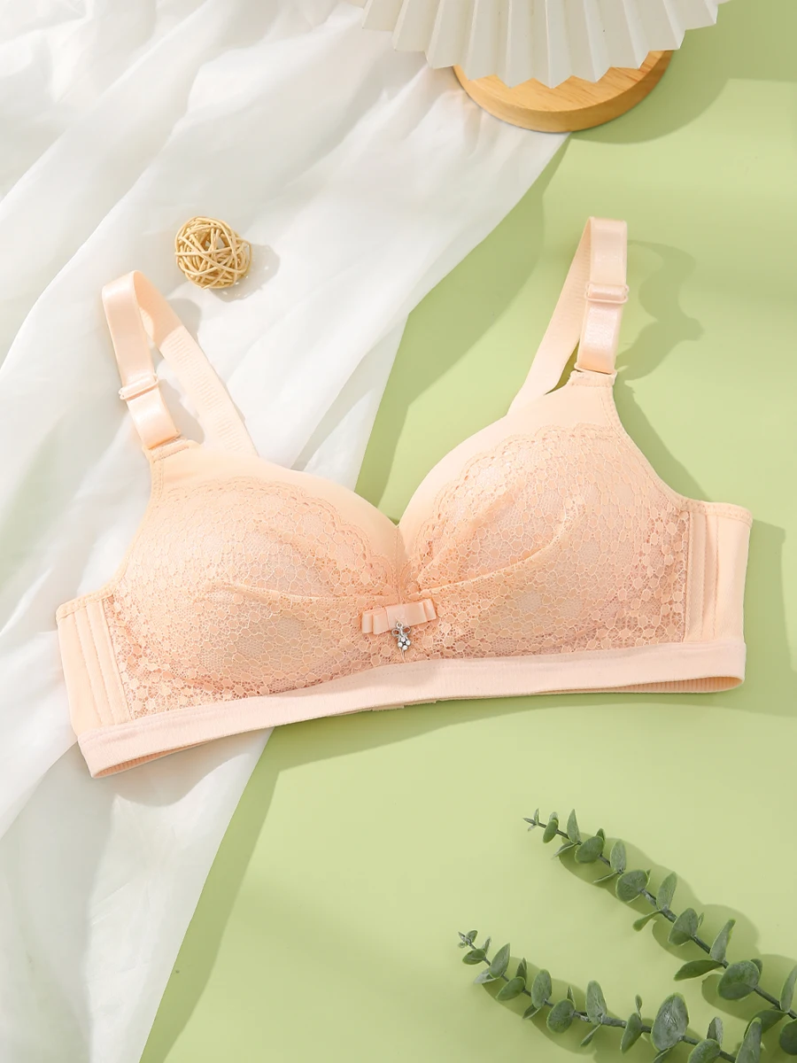 Sujetador de verano de talla grande para mujer, sexy, de encaje, sin aros, ultrafino, con efecto push-up, tirantes fijos, cuello en V, sin espalda, copa completa, de algodón
