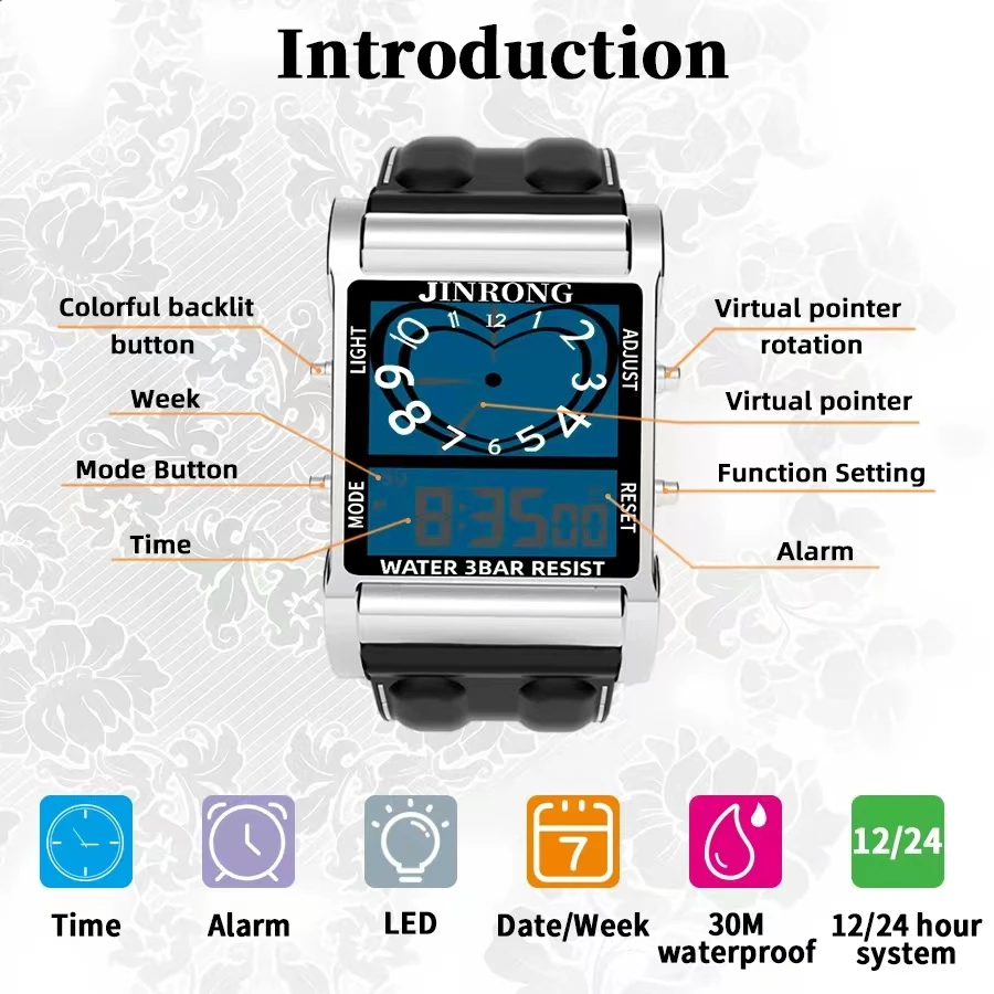 남녀 공용 패션 스포츠 크로노그래프 시계, 디지털 및 포인터 듀얼 디스플레이, 30M 방수, 아연 합금 직사각 케이스